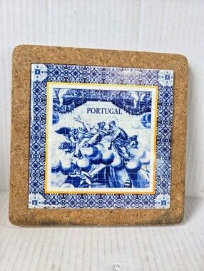 Vintage Traditional Portuguese Ceramic Tile Trivet in Natural Cork Frame